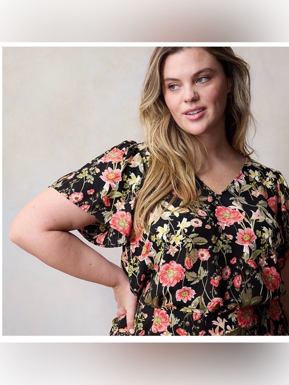 EUC LC Lauren Conrad Black Floral Top with Coral and Cream Blooms